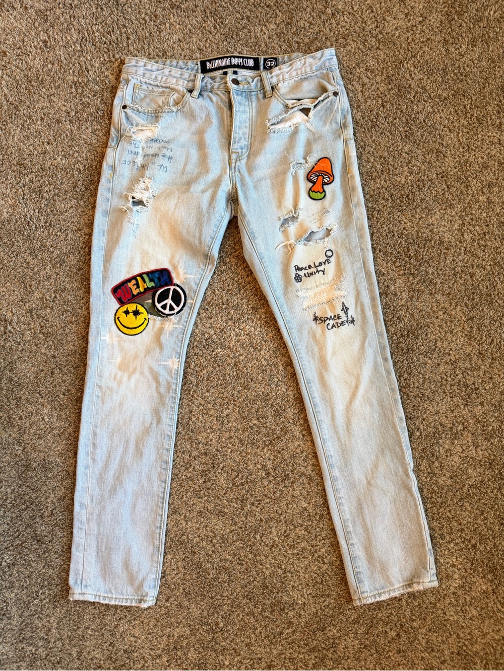 Billionaire Boys Club Distressed Light Wash Jeans with Patches